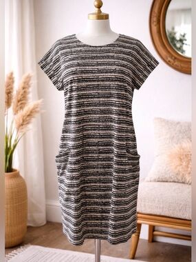 Talbots Black White Striped Dress sheath with pockets Sz LP L short sleeves